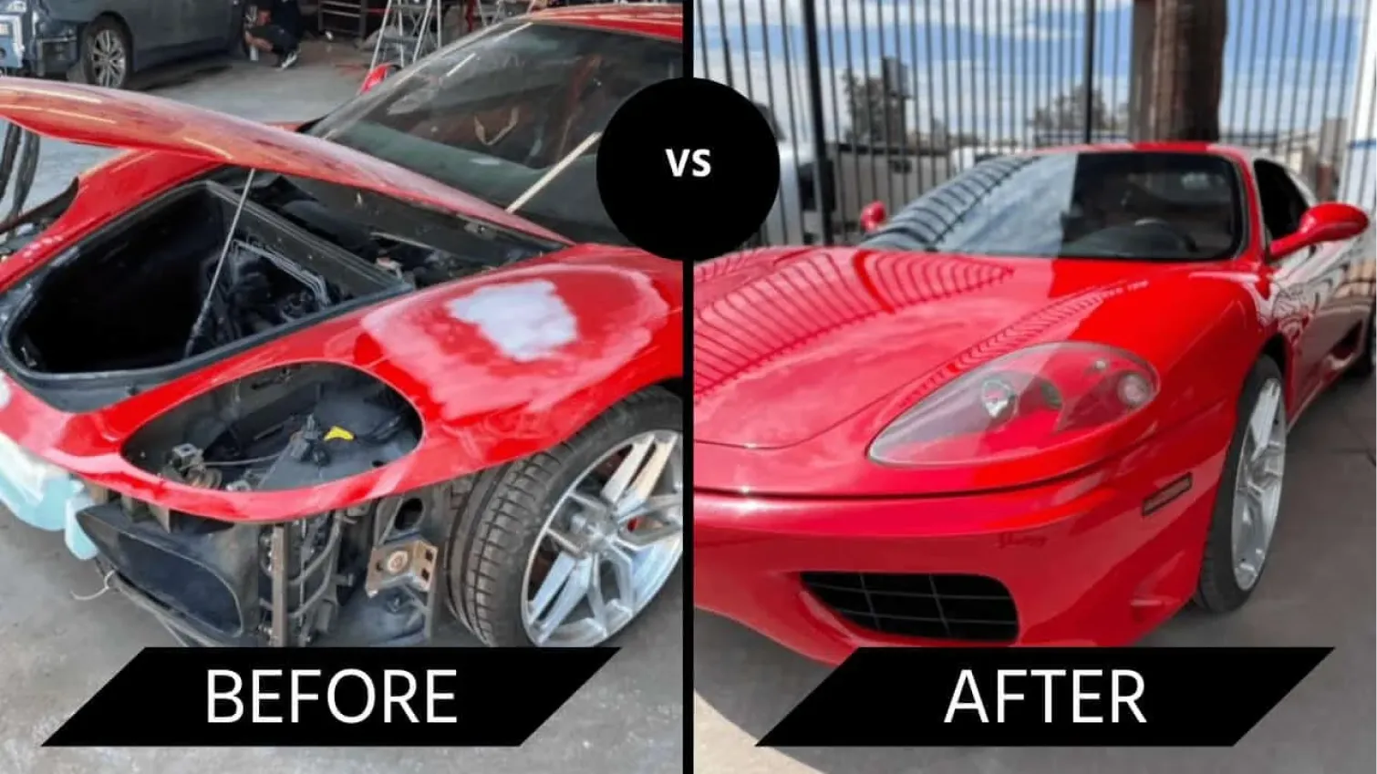 ss collision Red sports car before and after repair