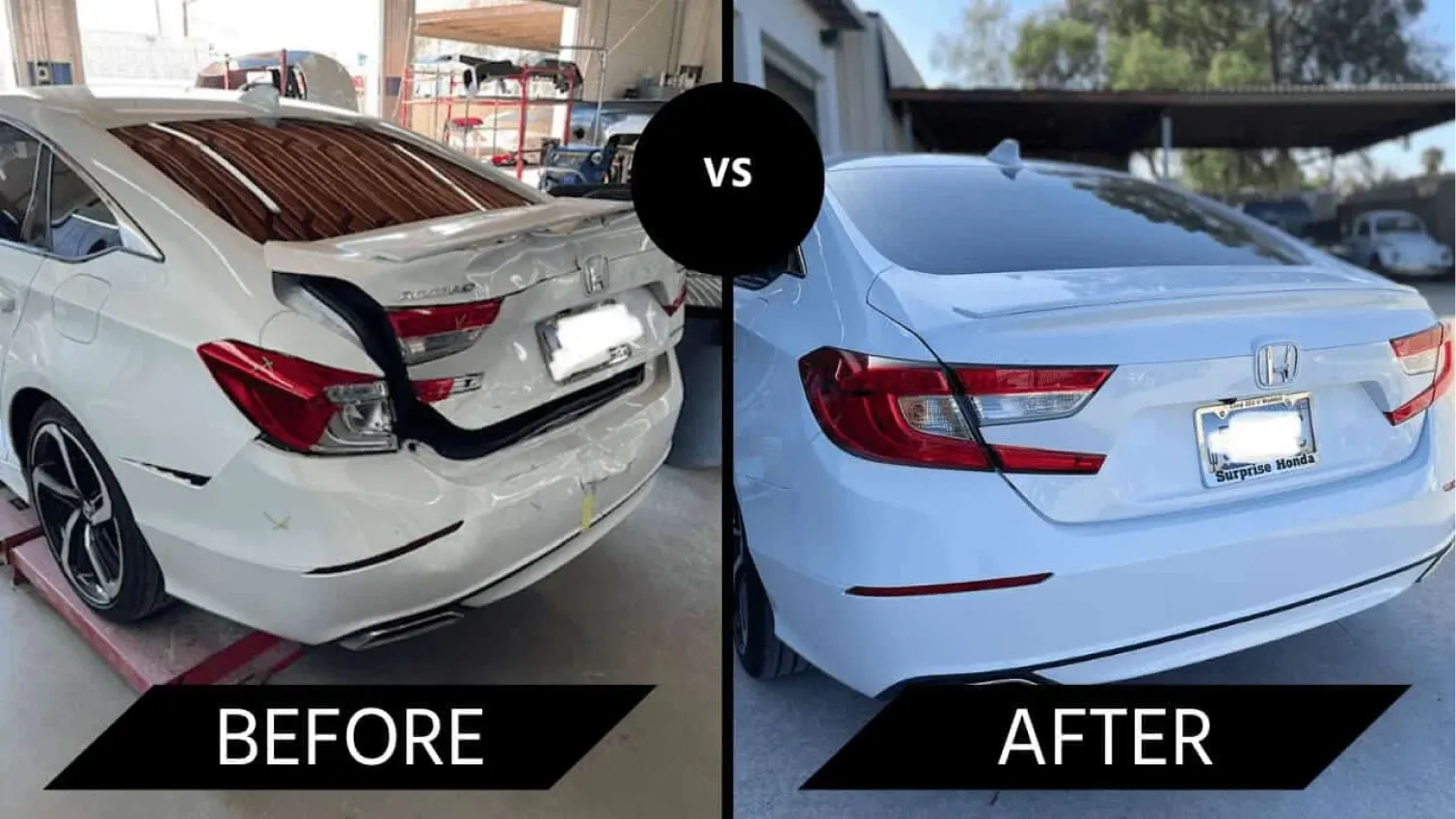 Car rear bumper repair: before and after images.