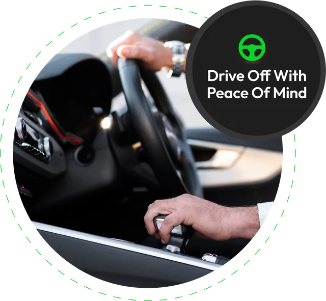 ss collision test drive Hands on steering wheel promoting safe driving.